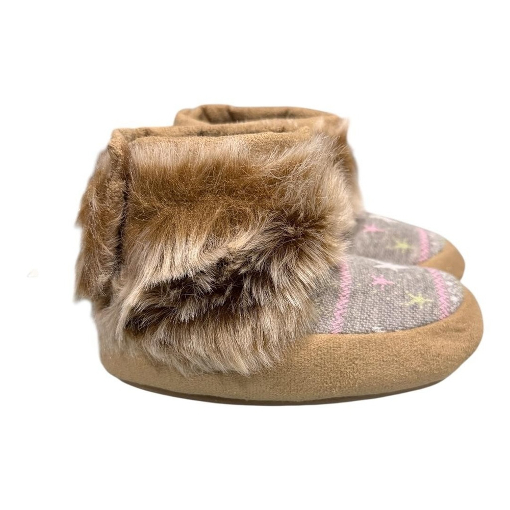 Joe Fresh Slippers Girls Size 9.5 Brown Faux Fur Bootie Fair Isle Winter Warm